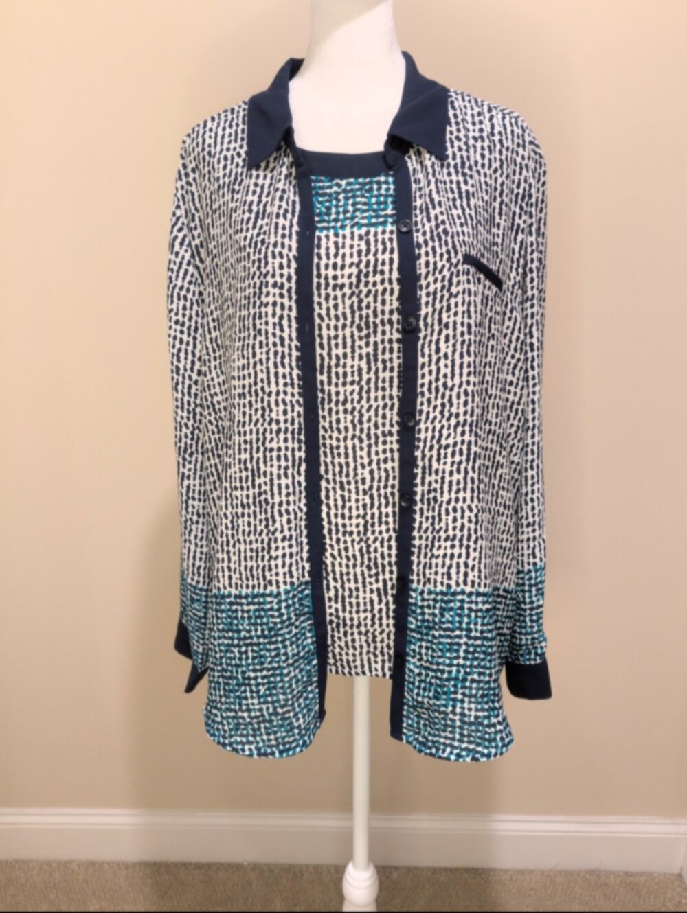 N Touch Navy & Teal Chiffon Twinset- Women’s Blouse and Button Down Tunic